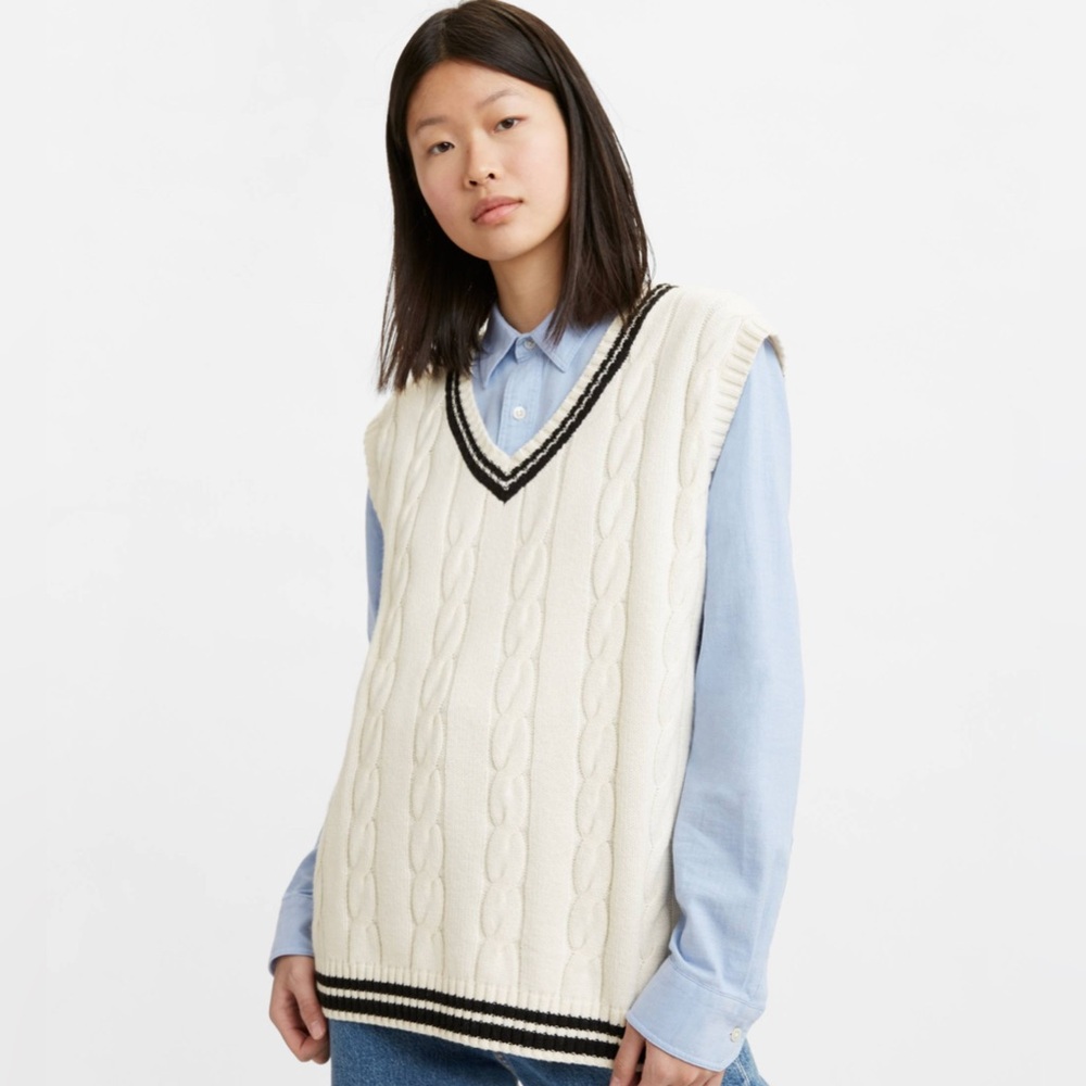 Levi's Cream Cable Knit V-Neck Sweater Vest